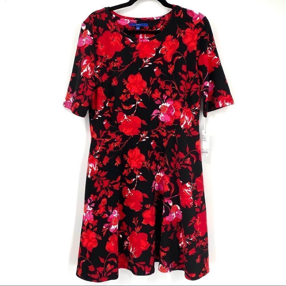 NWT‎ Apt. 9 Red Floral Print MIDI Dress large pockets career office short sleeve